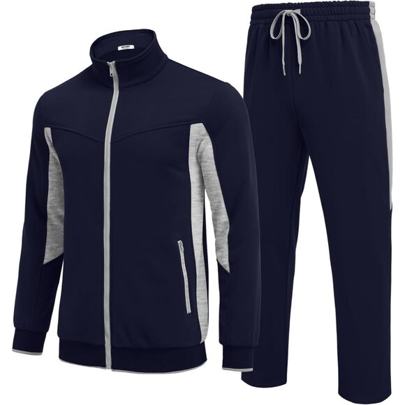 Men's Tracksuits 2 Piece Athletic Track Suit Jogging Running Sweatsuit Navy Grey - Picture 2 of 6